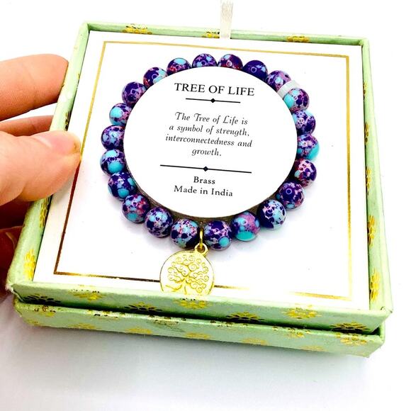 Shivam Tree of Life Purple Beaded Brass Bracelet - Picture 6 of 9
